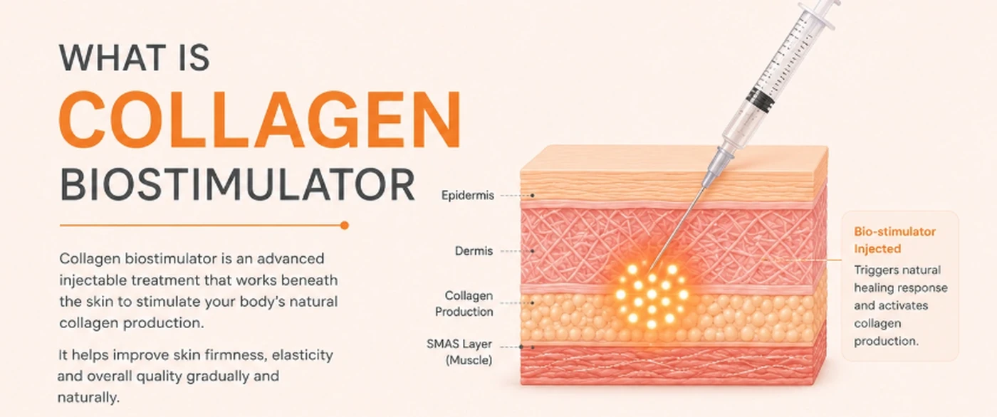 Diagram showing a collagen biostimulator injected beneath the epidermis into the dermis, triggering natural collagen production above the SMAS muscle layer
